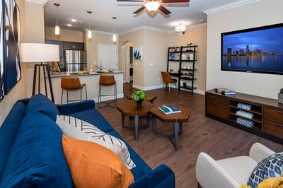 Bright, modern interior living room of a senior facility