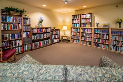Cozy library area with bookshelves and seating