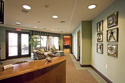 Interior view of a cozy common area with seating