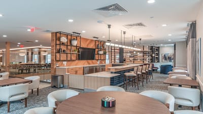 Dining area with modern furniture in a senior living facility
