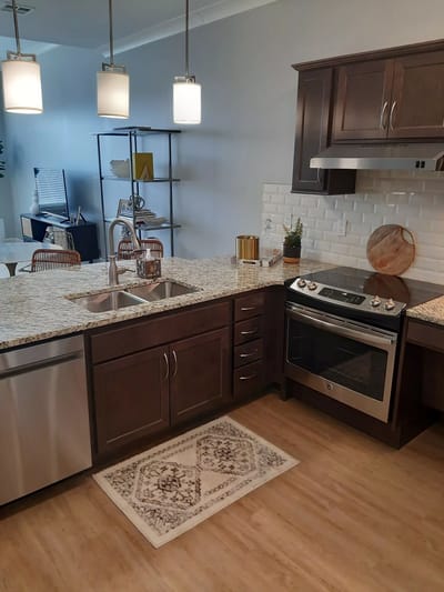 Modern kitchen interior with stainless steel appliances