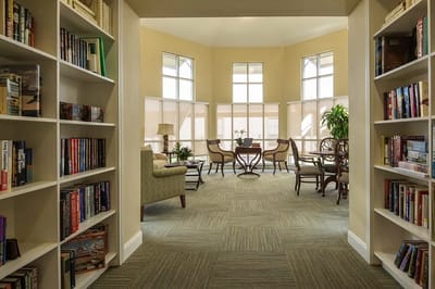 Interior view of a reading area with bookshelves