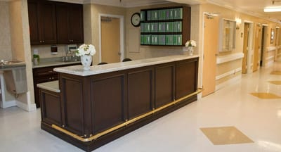 Reception area with a front desk in a nursing facility