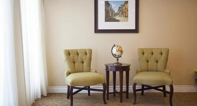 Comfortable seating area in a nursing home lobby