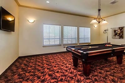 Interior view of a billiard room with a pool table