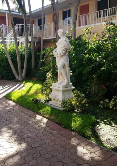 Sculpture in a garden area of the facility