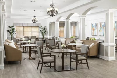 Bright common area with seating and decor