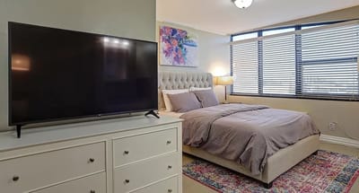Cozy bedroom with a comfortable bed and television