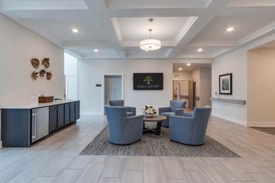 Interior lobby with seating and logo
