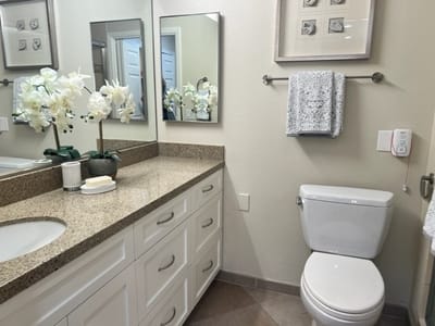 A bathroom with a modern design and plants