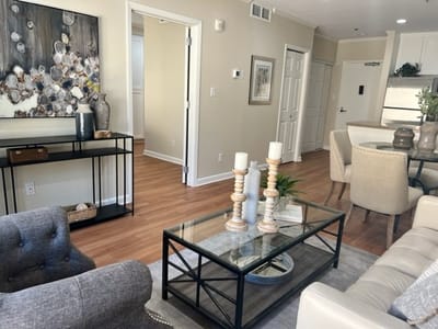 Bright common area with cozy furnishings