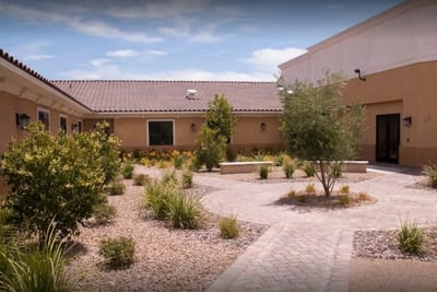 A landscaped outdoor space with pathways and greenery
