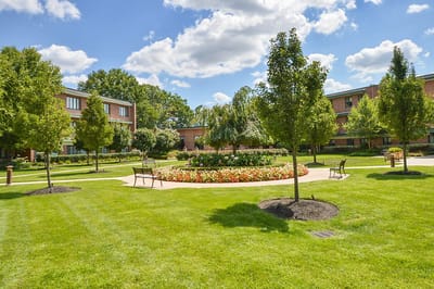 Well-maintained garden area with flowers and seating
