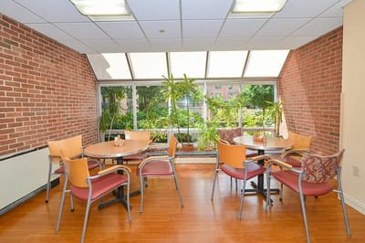 Bright common area with tables and plants