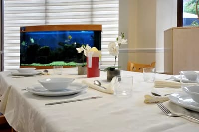 Dining room table setup with an aquarium in the background