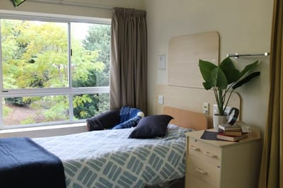 Bright private resident room with a bed and window