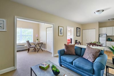 Bright and inviting living room in a senior living facility