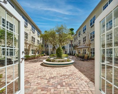 View of a landscaped courtyard with seating areas