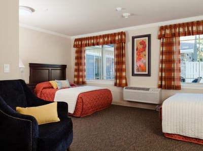 Interior view of a resident room with two beds
