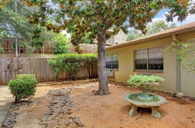 Serene garden area with a tree and landscaping