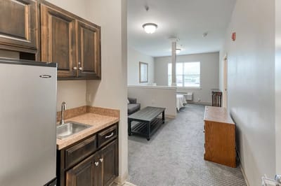 View of a model apartment interior in a senior living facility