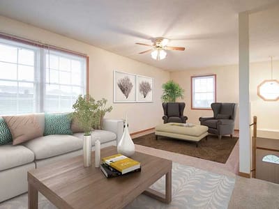 Bright and cozy living room with seating