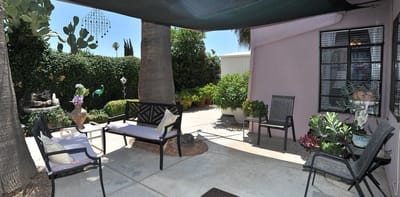 Outdoor seating area with plants and garden view