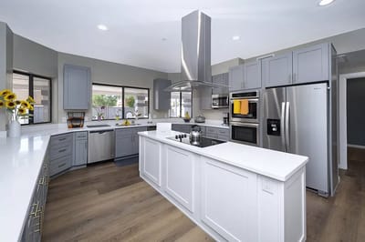 Modern kitchen with gray cabinetry and appliances