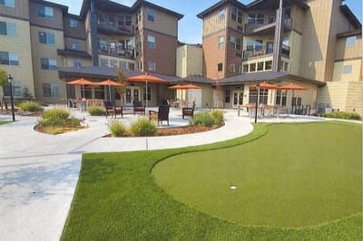 Outdoor space with seating and courtyard area