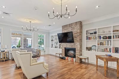Interior common area with seating and fireplace