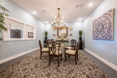 Interior sitting area with a dining table and decor