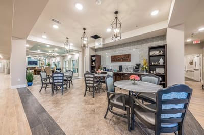 Bright dining area with tables and decor