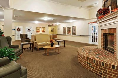 Interior common area with seating and fireplace
