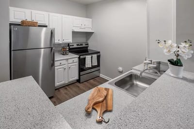 Modern kitchen layout with appliances and decor