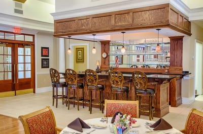 Interior view of a dining area with a bar