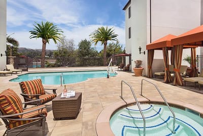 Outdoor pool area with palm trees and lounge seating