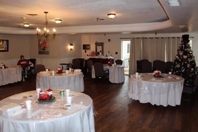 Interior view of a dining area set up for an event