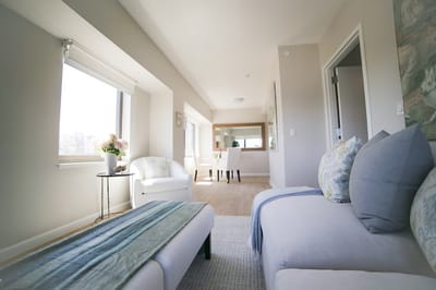 Bright, welcoming interior of a senior living space
