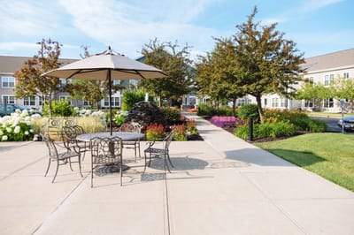 Outdoor courtyard with seating and vibrant flowers