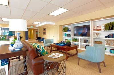 Bright common area with seating and decor