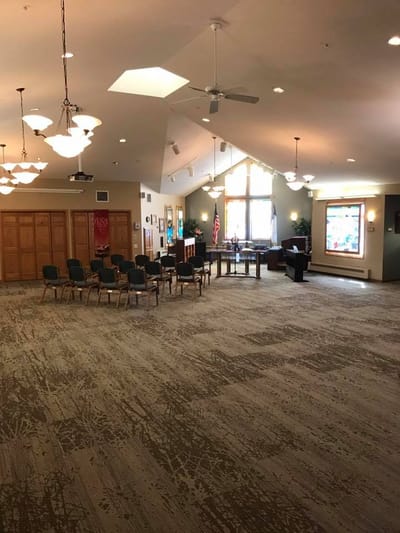 Interior view of a community room with seating