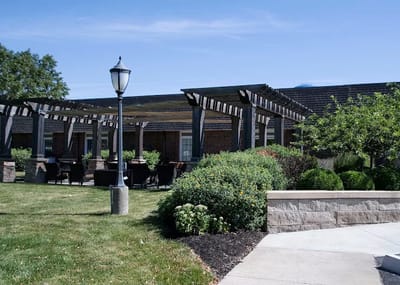 Beautiful outdoor seating area with landscaping