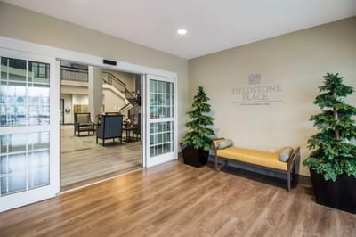 Interior lobby area with seating and plants