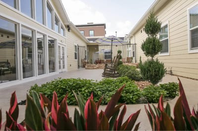 Outdoor space with seating and garden.
