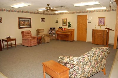 Bright common area with seating and decor