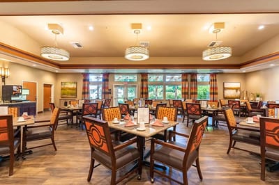 Bright dining room setup with neatly arranged tables