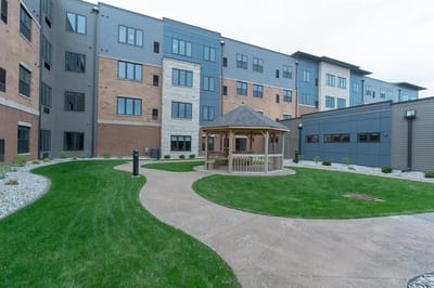 A landscaped outdoor space with a gazebo