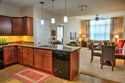 A modern kitchen and living area in an assisted living facility.
