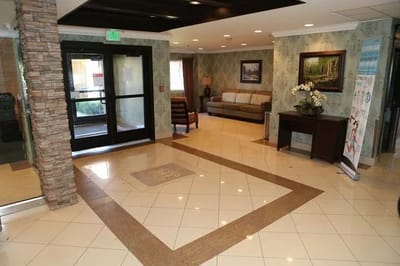 Interior lobby area of a senior care facility