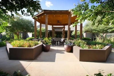 Beautiful outdoor space with greenery and seating area